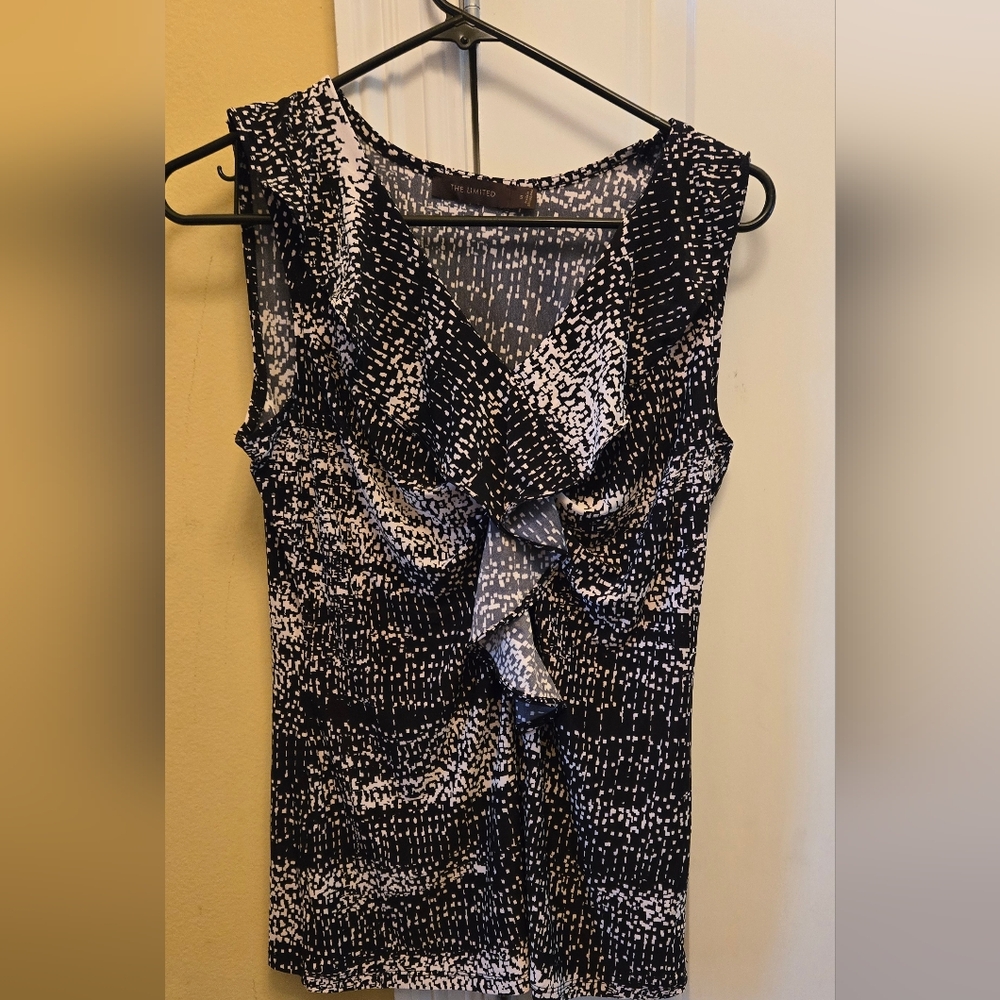 The Limited Womens Black and White Ruffled Fitted Blouse Office Coquette Girl